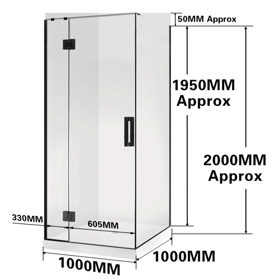 1000*1000*2000mm Black Frameless Swing Door Square Shower Box