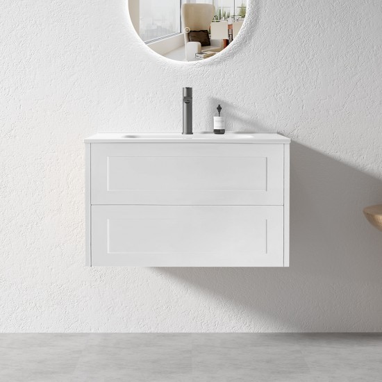 HAMPTON 750X460X580MM PLYWOOD WALL HUNG VANITY - MATTE  WHITE WITH CERAMIC TOP