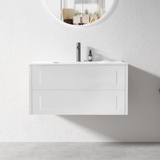 HAMPTON 900X460X580MM PLYWOOD WALL HUNG VANITY - MATTE  WHITE WITH CERAMIC TOP