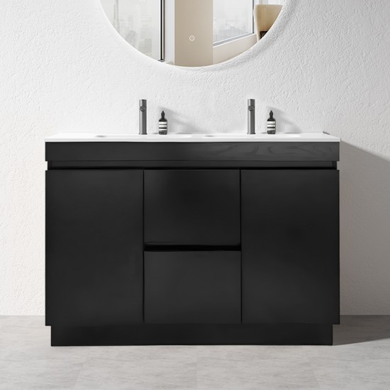 MADRID 1200X460X850MM PLYWOOD FLOOR STANDING VANITY - BLACK WITH DOUBLE CERAMIC TOP