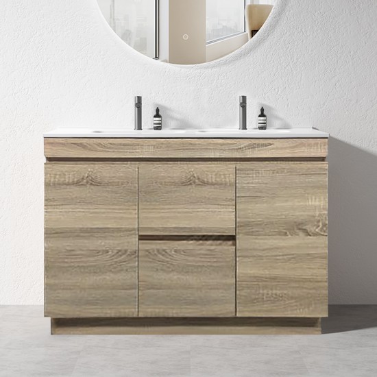 MADRID 1200X460X850MM PLYWOOD FLOOR STANDING VANITY - LIGHT OAK WITH DOUBLE CERAMIC TOP