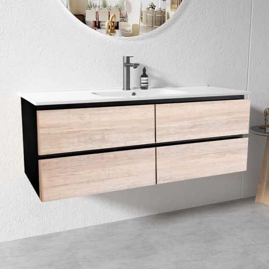 NELSON 1200X460X580MM PLYWOOD WALL HUNG VANITY - BLACK AND LIGHT OAK WITH CERAMIC TOP