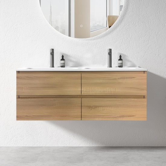 NELSON 1200X460X580MM PLYWOOD WALL HUNG VANITY - LIGHT OAK WITH DOUBLE CERAMIC TOP