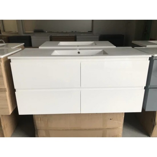 NELSON 1200X460X580MM PLYWOOD WALL HUNG VANITY - GLOSS WHITE WITH CERAMIC TOP