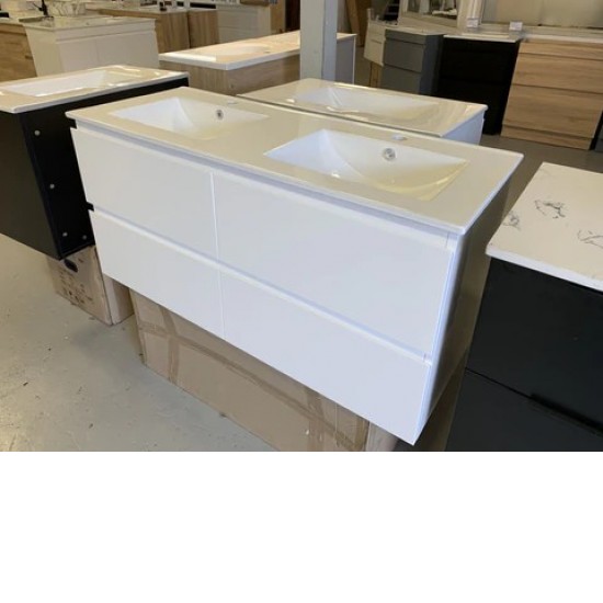 NELSON 1200X460X580MM PLYWOOD WALL HUNG VANITY - GLOSS WHITE WITH DOUBLE CERAMIC TOP