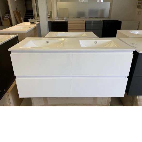 NELSON 1200X460X580MM PLYWOOD WALL HUNG VANITY - GLOSS WHITE WITH DOUBLE CERAMIC TOP