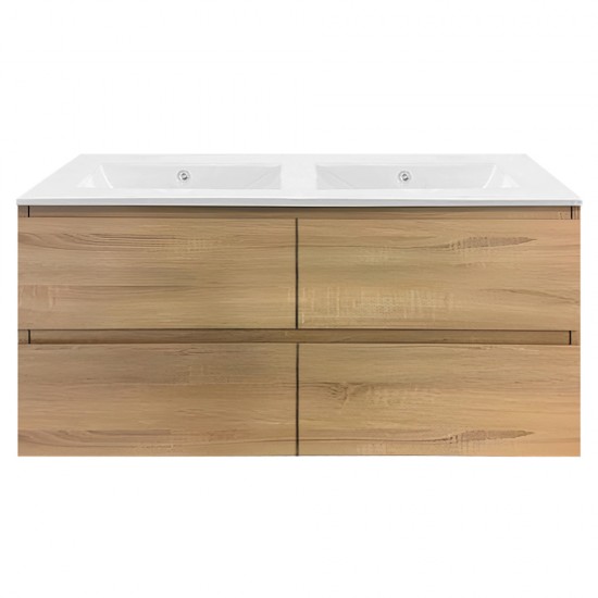 NELSON 1500X460X580MM PLYWOOD WALL HUNG VANITY - LIGHT OAK WITH DOUBLE CERAMIC TOP