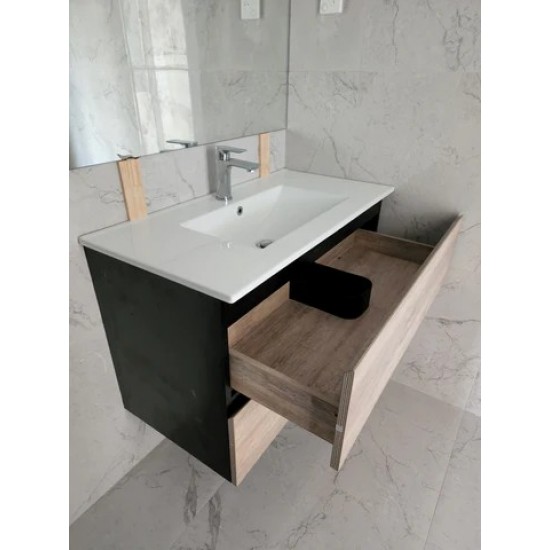 NELSON 900X460X580MM PLYWOOD WALL HUNG VANITY - BLACK AND LIGHT OAK WITH CERAMIC TOP