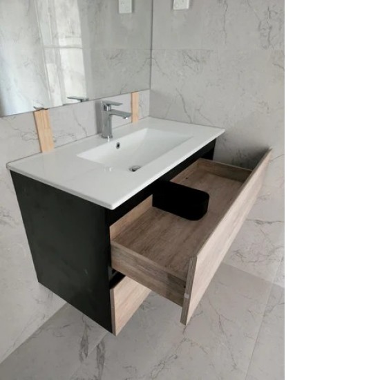 NELSON 600X460X580MM  PLYWOOD WALL HUNG VANITY - BLACK AND LIGHT OAK WITH CERAMIC TOP