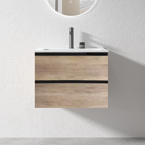 NELSON 600X460X580MM  PLYWOOD WALL HUNG VANITY - BLACK AND LIGHT OAK WITH CERAMIC TOP