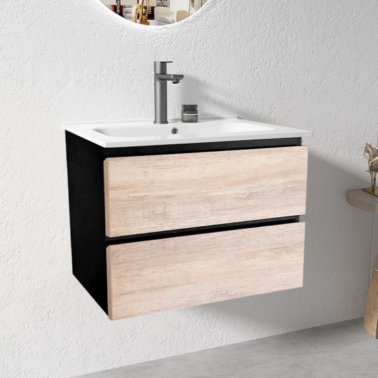 NELSON 900X460X580MM PLYWOOD WALL HUNG VANITY - BLACK AND LIGHT OAK WITH CERAMIC TOP