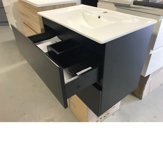 NELSON 750X460X580MM PLYWOOD WALL HUNG VANITY - BLACK WITH CERAMIC TOP