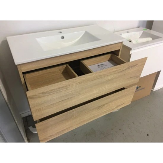 NELSON 750X460X580MM PLYWOOD WALL HUNG VANITY - LIGHT OAK WITH CERAMIC TOP