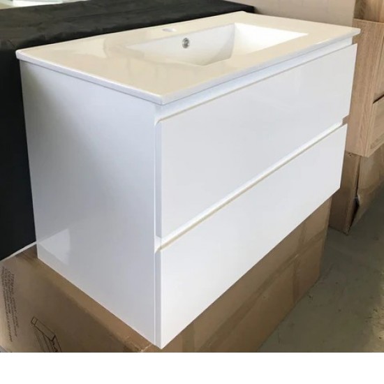 NELSON 750X460X580MM PLYWOOD WALL HUNG VANITY - GLOSS WHITE WITH CERAMIC TOP