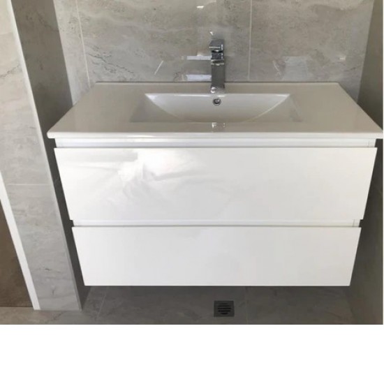 NELSON 750X460X580MM PLYWOOD WALL HUNG VANITY - GLOSS WHITE WITH CERAMIC TOP