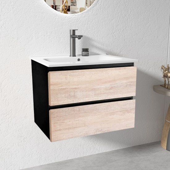 NELSON 750X460X580MM PLYWOOD WALL HUNG VANITY - BLACK AND LIGHT OAK WITH CERAMIC TOP