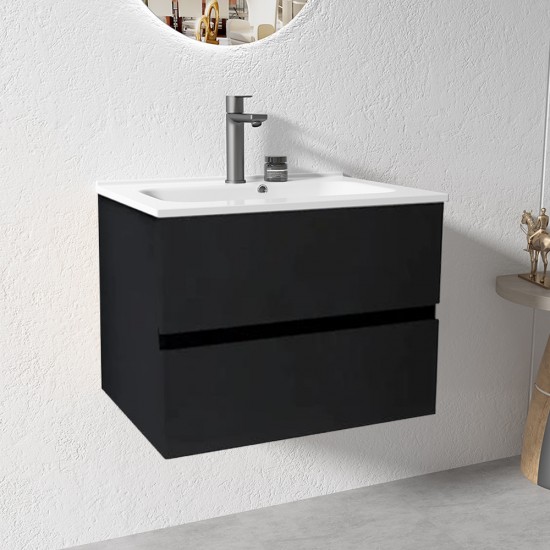 NELSON 750X460X580MM PLYWOOD WALL HUNG VANITY - BLACK WITH CERAMIC TOP