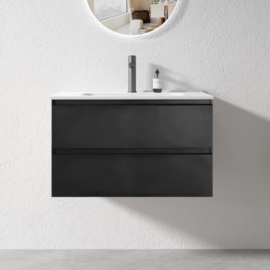 NELSON 750X460X580MM PLYWOOD WALL HUNG VANITY - BLACK WITH CERAMIC TOP