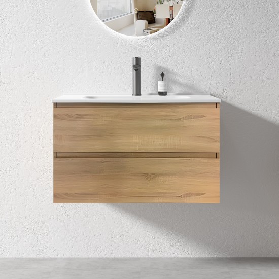 NELSON 750X460X580MM PLYWOOD WALL HUNG VANITY - LIGHT OAK WITH CERAMIC TOP