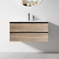 NELSON 900X460X580MM PLYWOOD WALL HUNG VANITY - BLACK AND LIGHT OAK WITH CERAMIC TOP NELSON 900X460X580MM PLYWOOD WALL HUNG VANITY - BLACK AND LIGHT OAK WITH CERAMIC TOP