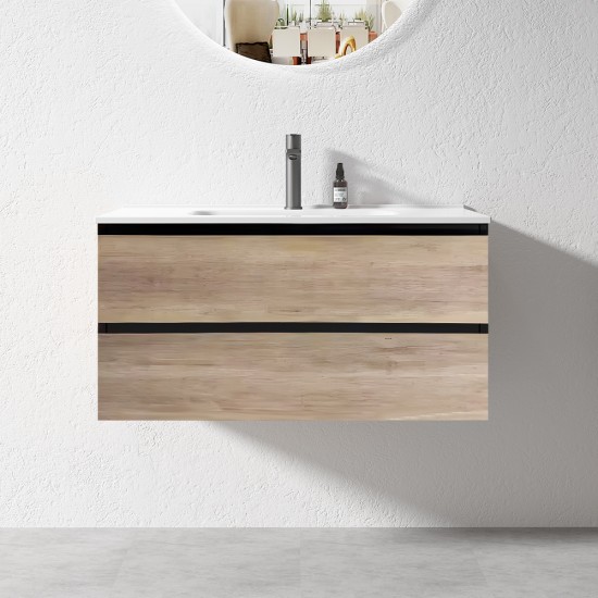 NELSON 900X460X580MM PLYWOOD WALL HUNG VANITY - BLACK AND LIGHT OAK WITH CERAMIC TOP