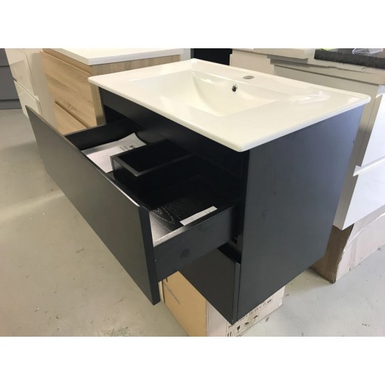 NELSON 900X460X580MM PLYWOOD WALL HUNG VANITY - BLACK WITH CERAMIC TOP