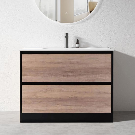 POLO 1000X460X850MM PLYWOOD FLOOR STANDING VANITY - BLACK AND LIGHT OAK WITH CERAMIC TOP