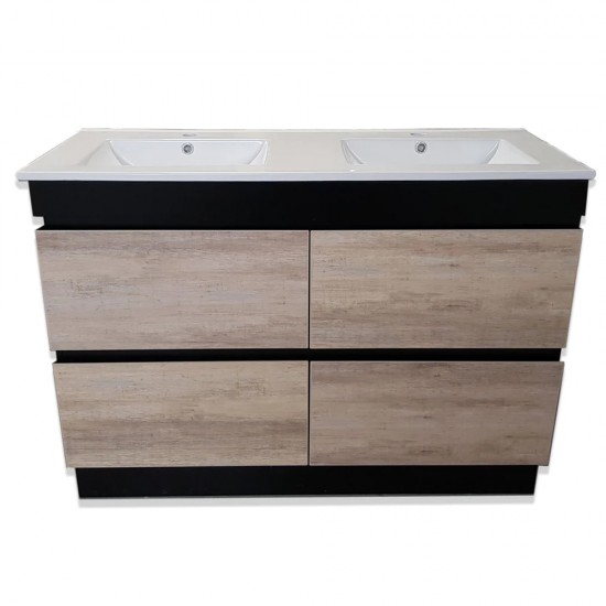 POLO 1200X460X850MM PLYWOOD FLOOR STANDING VANITY - BLACK AND LIGHT OAK WITH DOUBLE CERAMIC TOP