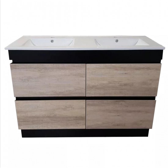 POLO 1200X460X850MM PLYWOOD FLOOR STANDING VANITY - BLACK AND LIGHT OAK WITH DOUBLE CERAMIC TOP