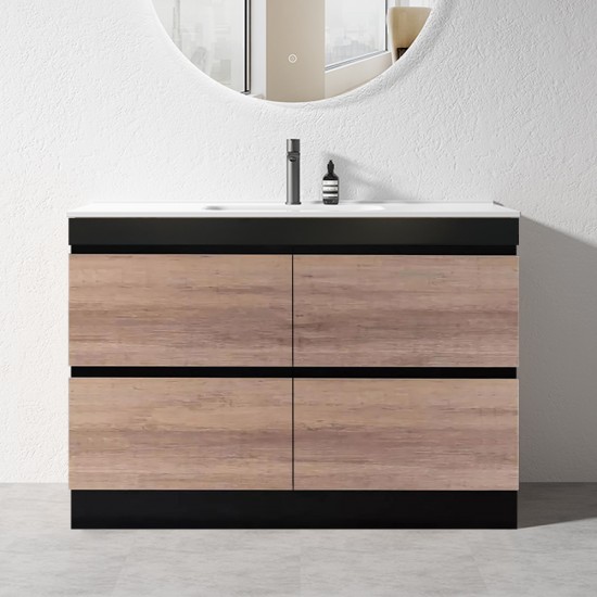 POLO 1200X460X850MM PLYWOOD FLOOR STANDING VANITY - BLACK AND LIGHT OAK WITH CERAMIC TOP