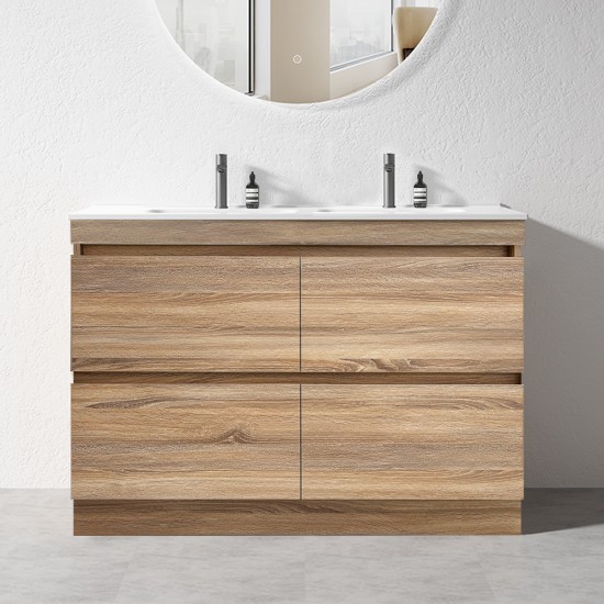 POLO 1200X460X850MM PLYWOOD FLOOR STANDING VANITY - LIGHT OAK WITH DOUBLE CERAMIC TOP