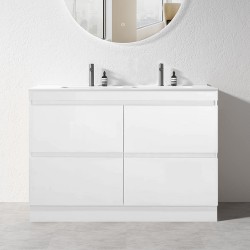 POLO 1200X450X850MM PLYWOOD FLOOR STANDING VANITY - GLOSS WHITE WITH DOUBLE CERAMIC TOP POLO 1200X450X850MM PLYWOOD FLOOR STANDING VANITY - GLOSS WHITE WITH DOUBLE CERAMIC TOP
