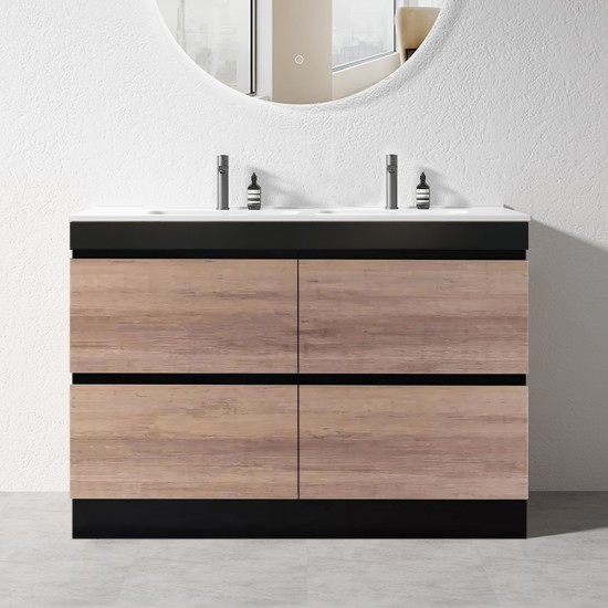 POLO 1500X460X850MM PLYWOOD FLOOR STANDING VANITY - BLACK AND LIGHT OAK WITH DOUBLE CERAMIC TOP