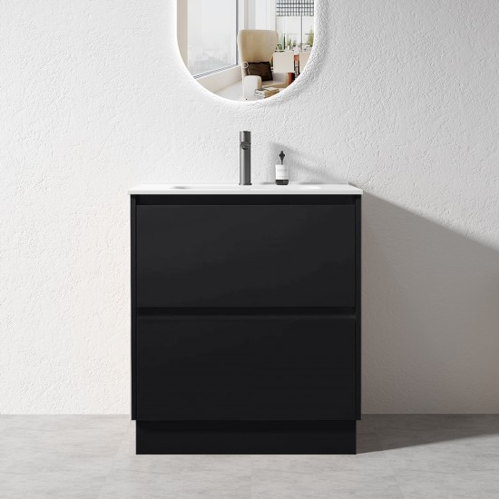 POLO 600X460X860MM PLYWOOD FLOOR STANDING VANITY - BLACK WITH CERAMIC TOP