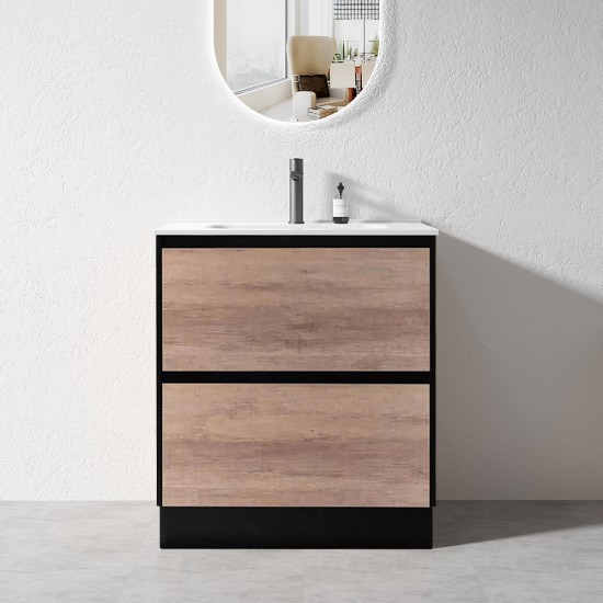 POLO 750X460X850MM PLYWOOD FLOOR STANDING VANITY - BLACK AND LIGHT OAK WITH CERAMIC TOP