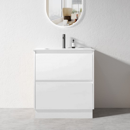 POLO 750X460X850MM PLYWOOD FLOOR STANDING VANITY - GLOSS WHITE WITH CERAMIC TOP