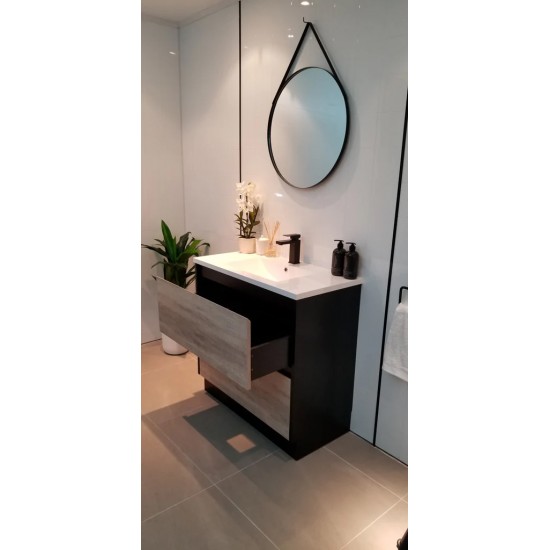 POLO 900X460X850MM PLYWOOD FLOOR STANDING VANITY - BLACK AND LIGHT OAK WITH CERAMIC TOP