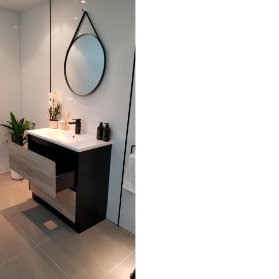 POLO 1000X460X850MM PLYWOOD FLOOR STANDING VANITY - BLACK AND LIGHT OAK WITH CERAMIC TOP