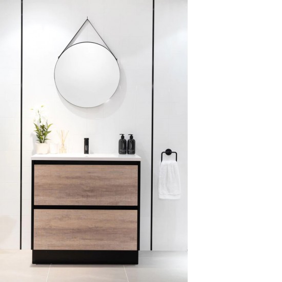 POLO 900X460X850MM PLYWOOD FLOOR STANDING VANITY - BLACK AND LIGHT OAK WITH CERAMIC TOP