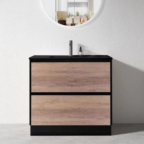 POLO 900X460X850MM PLYWOOD FLOOR STANDING VANITY - BLACK AND LIGHT OAK WITH BLACK POLYMARBLE TOP POLO 900X460X850MM PLYWOOD FLOOR STANDING VANITY - BLACK AND LIGHT OAK WITH BLACK POLYMARBLE TOP