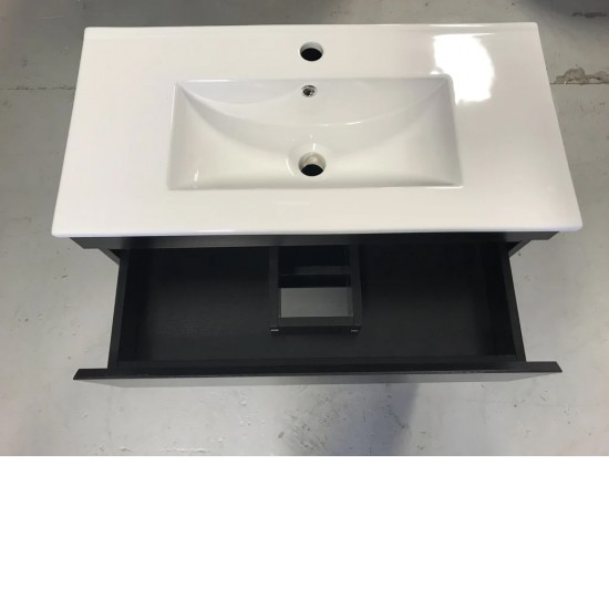 SLIM 600X360X860MM PLYWOOD FLOOR STANDING VANITY - BLACK WITH CERAMIC TOP