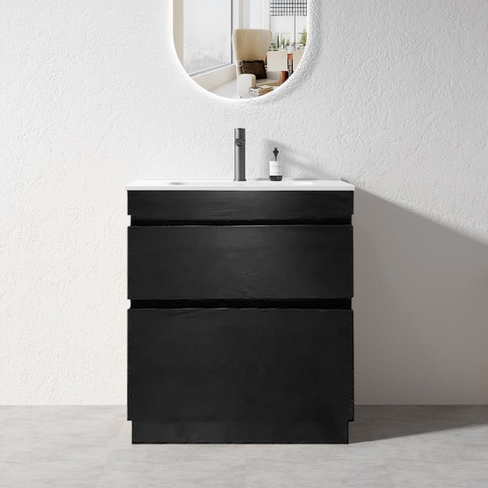 SLIM 600X360X860MM PLYWOOD FLOOR STANDING VANITY - BLACK WITH CERAMIC TOP