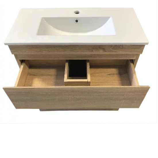 SLIM 600X360X860MM PLYWOOD FLOOR STANDING VANITY - LIGHT OAK WITH CERAMIC TOP