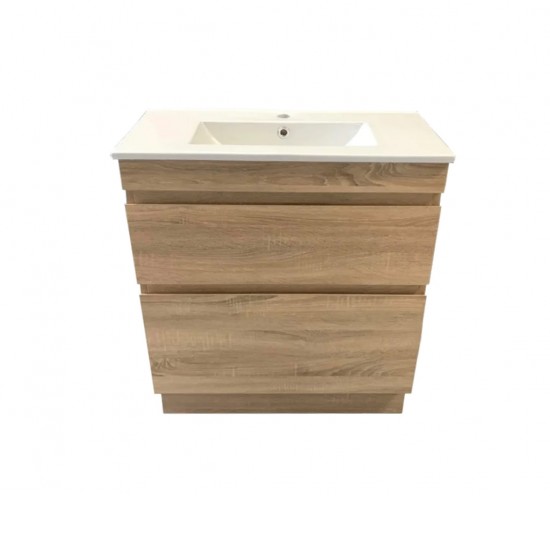 SLIM 600X360X860MM PLYWOOD FLOOR STANDING VANITY - LIGHT OAK WITH CERAMIC TOP