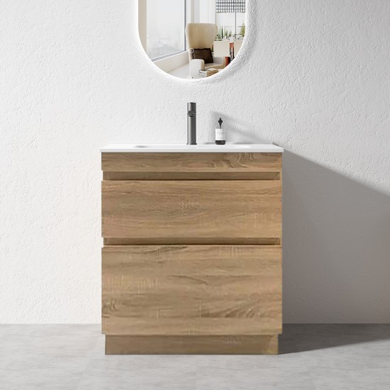 SLIM 600X360X860MM PLYWOOD FLOOR STANDING VANITY - LIGHT OAK WITH CERAMIC TOP