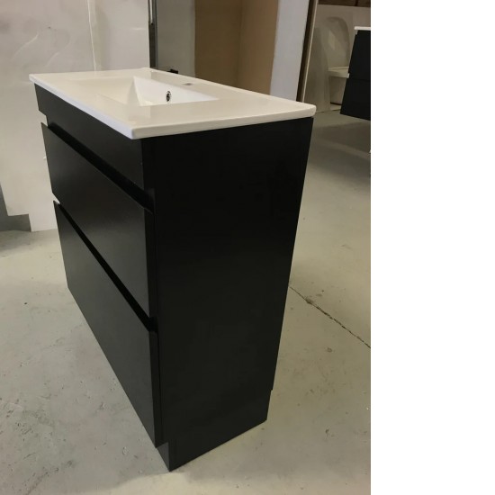 SLIM 900X360X860MM PLYWOOD FLOOR STANDING VANITY - BLACK WITH CERAMIC TOP