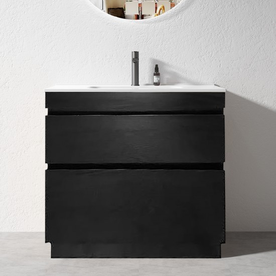 SLIM 900X360X860MM PLYWOOD FLOOR STANDING VANITY - BLACK WITH CERAMIC TOP