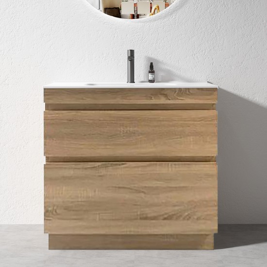 SLIM 900X360X860MM PLYWOOD FLOOR STANDING VANITY - LIGHT OAK WITH CERAMIC TOP