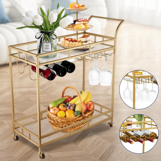 Bar Trolley with Glass Shelves, Rolling Wine and Service Trolley With Wine Rack And Glass Holder, Modern Home Bar Storage Trolley, Suitable for Kitchen and Restaurant Bar Trolley with Glass Shelves, Rolling Wine and Service Trolley With Wine Rack And Glass Holder, Modern Home Bar Storage Trolley, Suitable for Kitchen and Restaurant