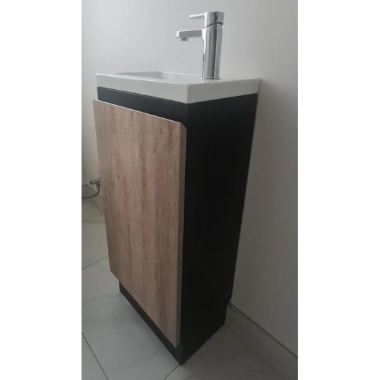 YOLO 400X250X850MM PLYWOOD FLOOR STANDING VANITY - BLACK AND LIGHT OAK WITH CERAMIC TOP